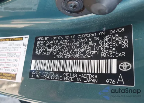 2009 Toyota Corolla Le from USA, damaged, VIN JTDBL40E299046294